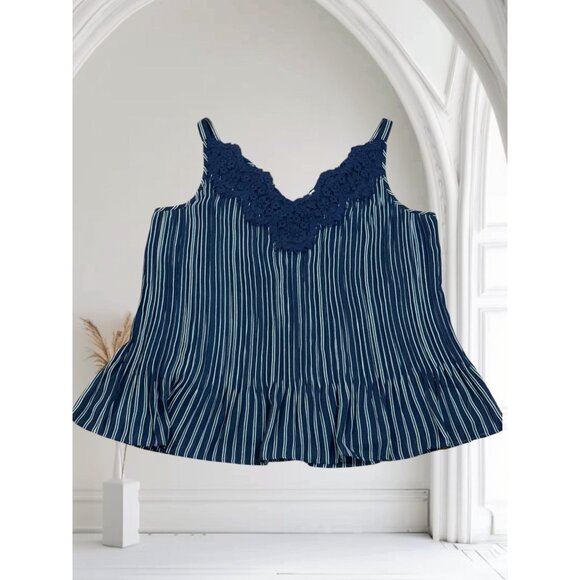 Chico's Sleeveless Blouse Chicos Size 1 US 8-10 M Black White Stripes Lace Neck - Picture 6 of 9